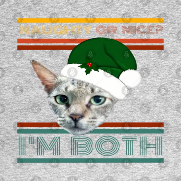 Naughty Or Nice? I'm Both Funny Retro Text Design with Cat in Green Santa Hat with Holly by aspinBreedCo2